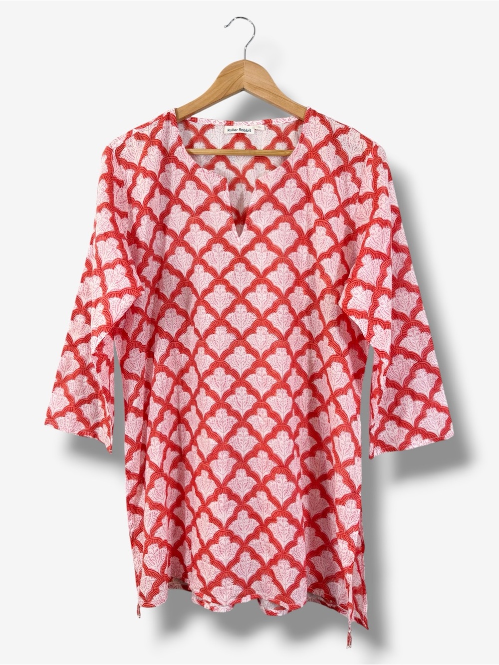 Roller Rabbit Jemina Kurta XL Red Orange Pink Print Cotton Tassel Boho Casual